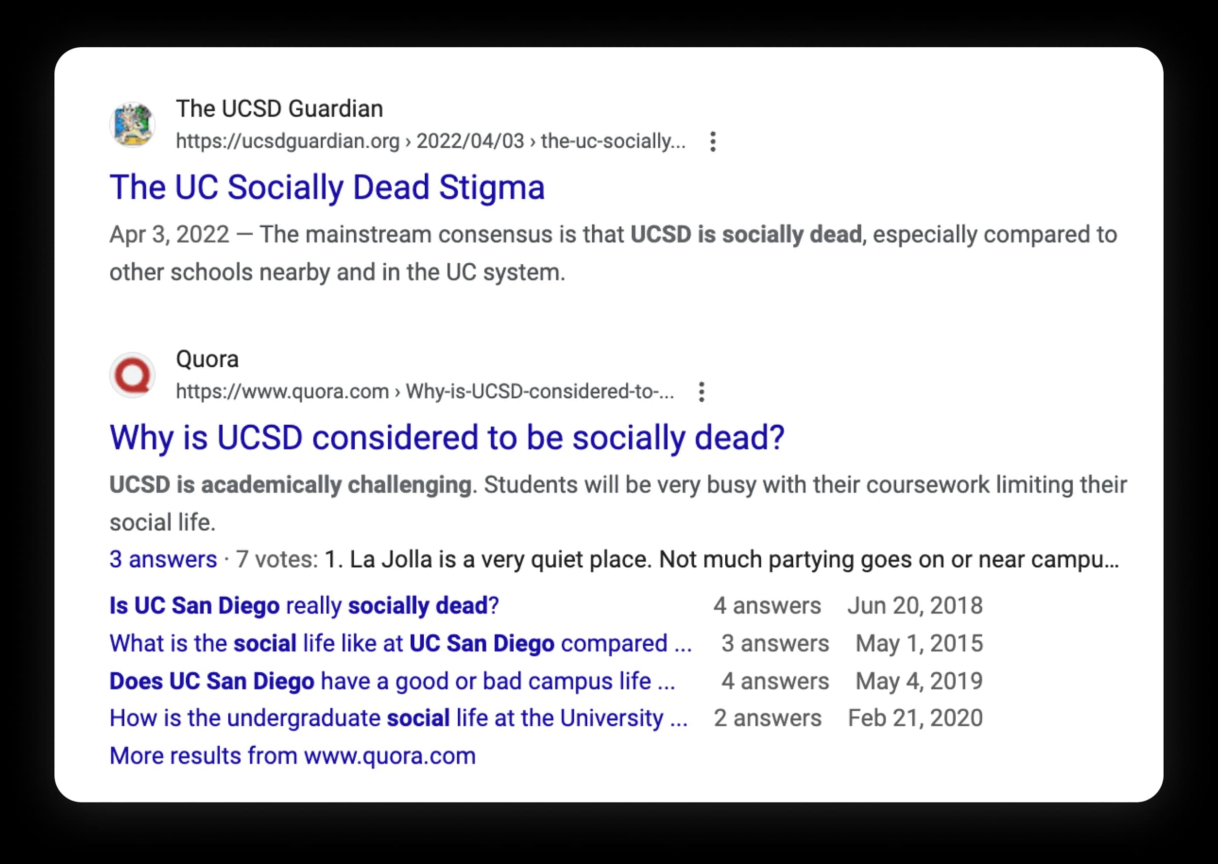 Community discussion excerpts about social life at UC San Diego