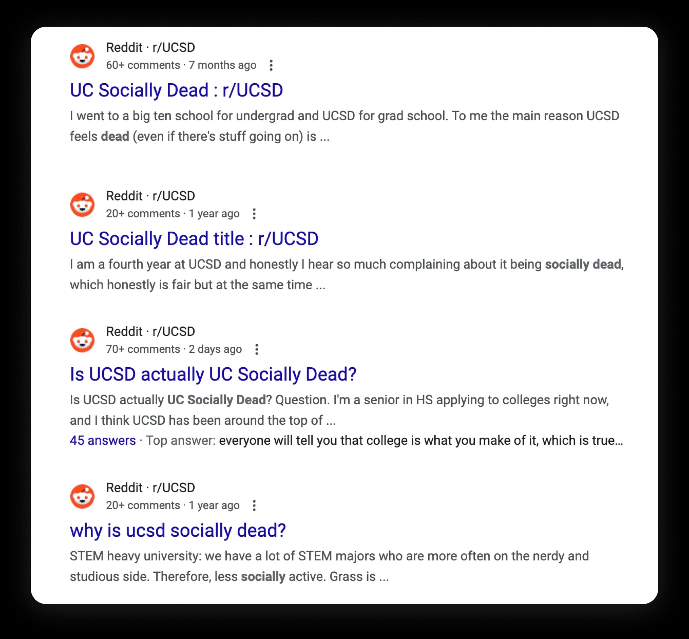 Student discussion excerpts about UCSD’s socially dead reputation