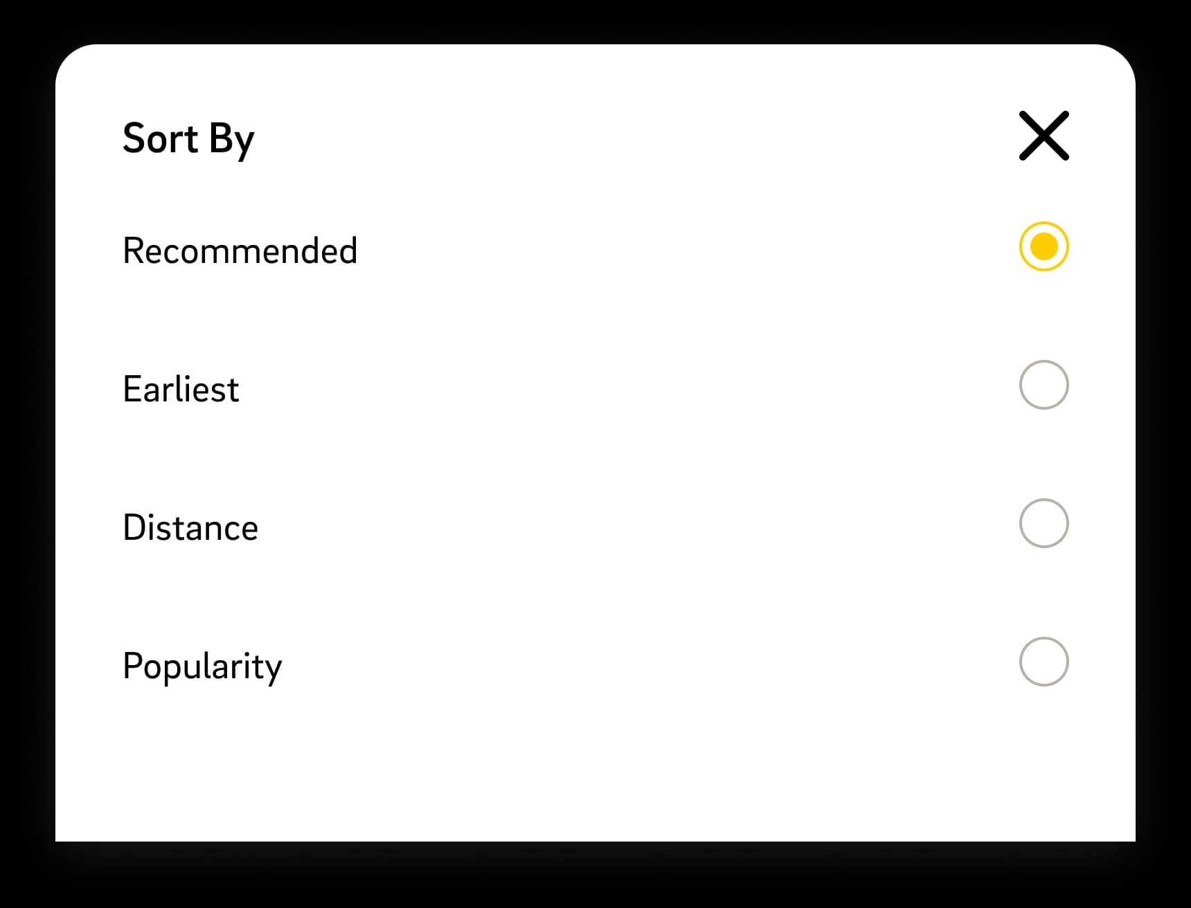 MapSocial sorting menu with recommended, earliest, distance, and popularity options