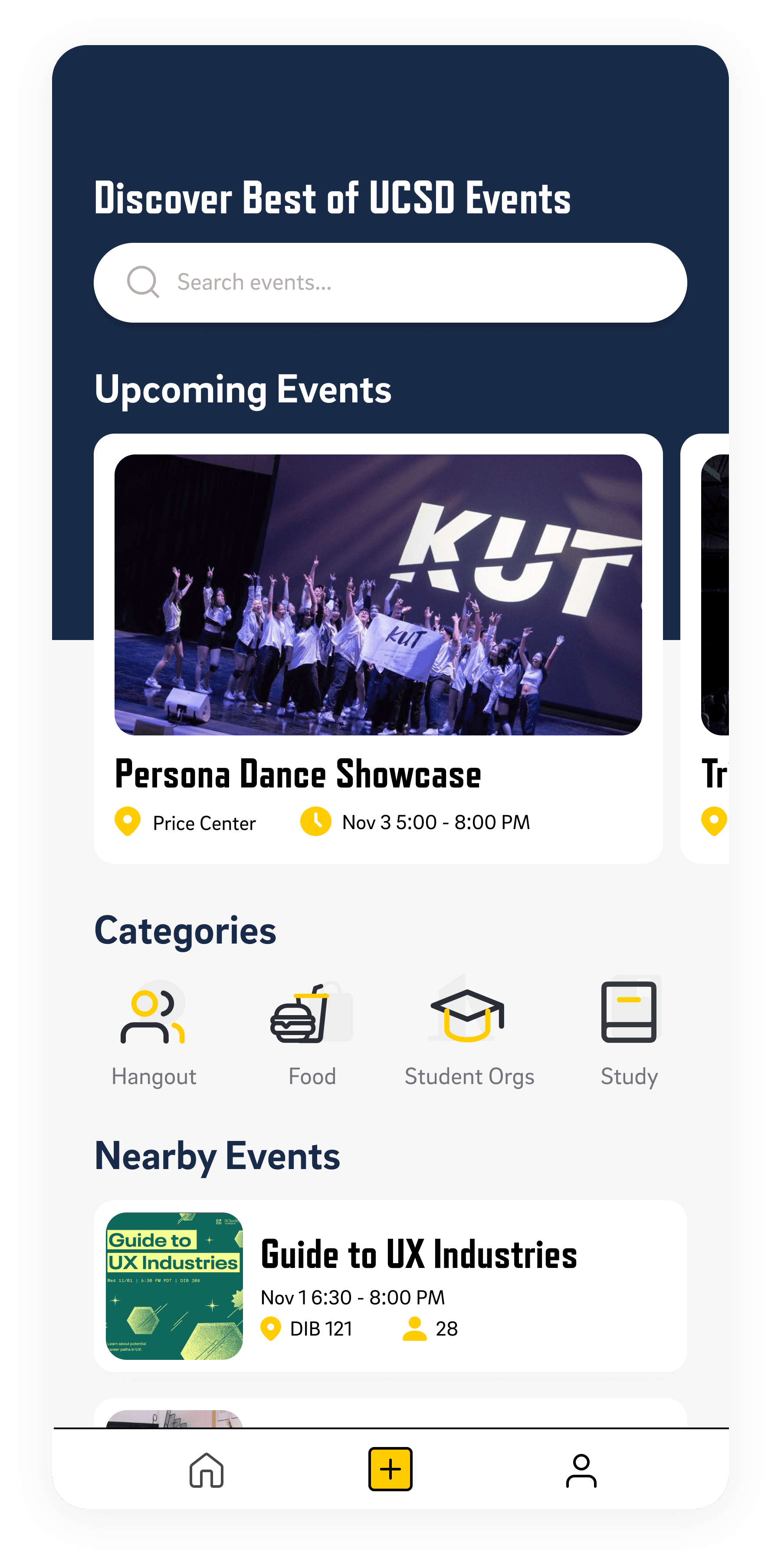 MapSocial homepage showing campus events and categories