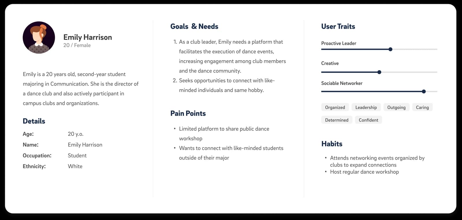 Emily persona: a student club leader seeking event visibility and participation