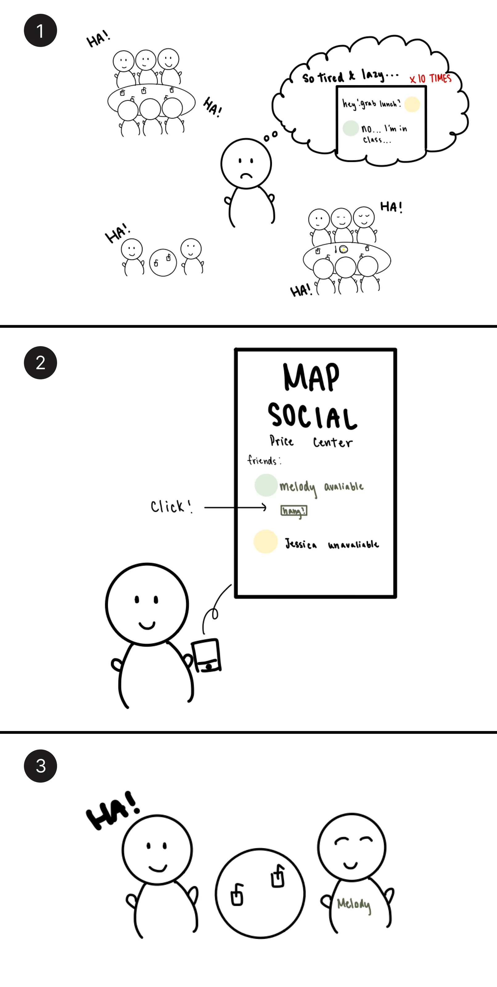 Storyboard exploring location sharing and coordinating campus meetups