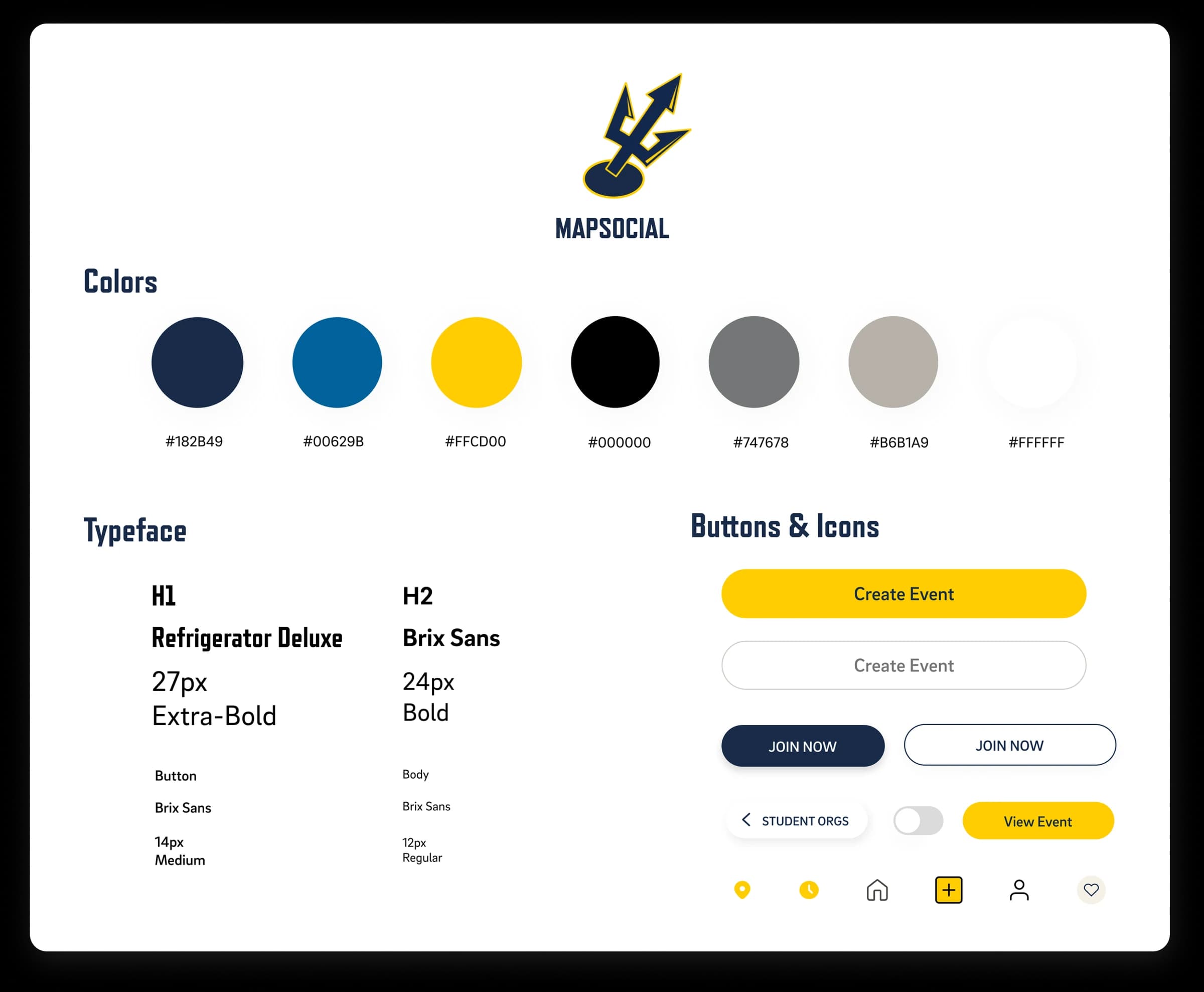 MapSocial design system showing its color palette, typography, icons, and interface components