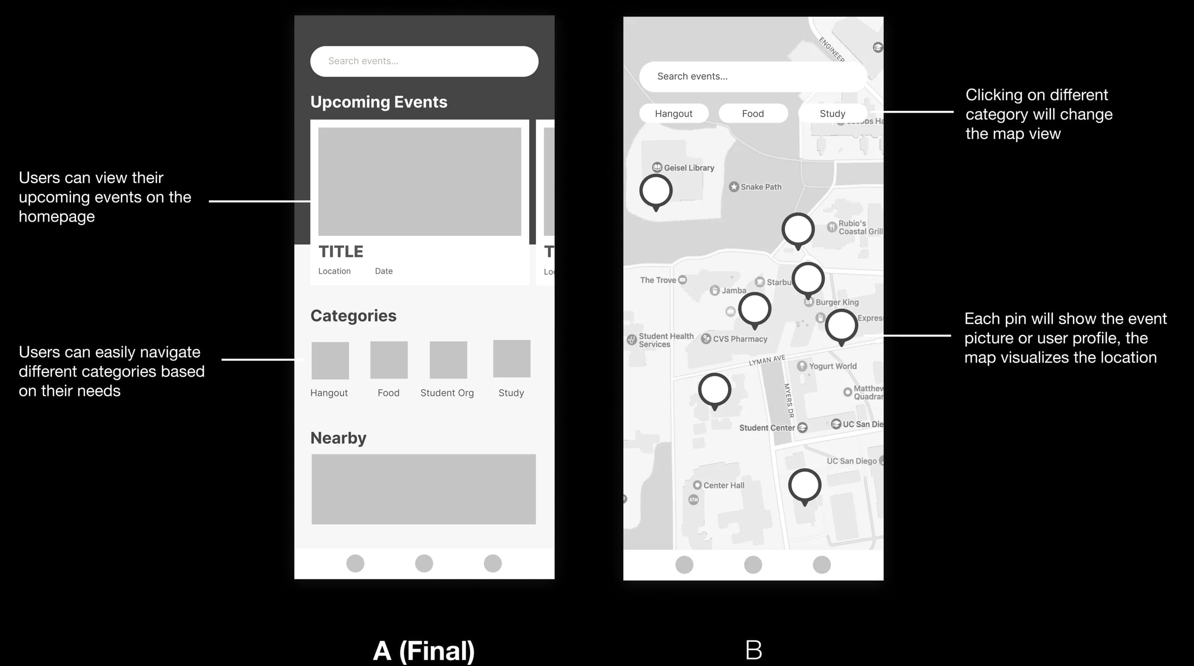 Homepage A/B alternatives: list-based Version A and map-based Version B